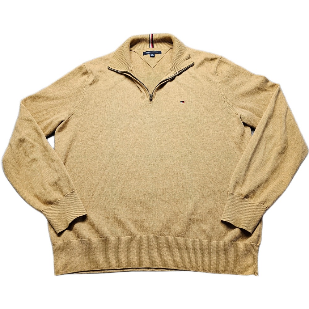 Tommy Hilfiger 1/4 Zip Pullover Sweater Mens Large Camel Cotton Knit Long Sleeve